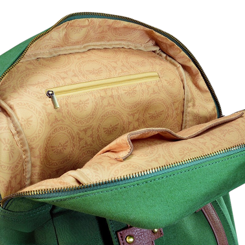 Fans Geek Store The Legend of Zelda backpack interior featuring green exterior and patterned lining with Hylian crest