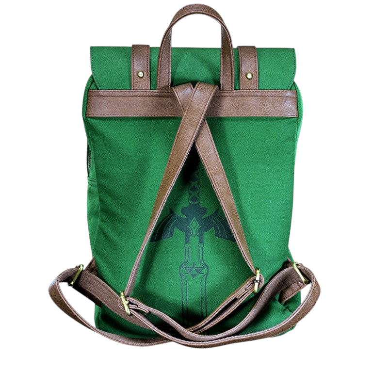 Fans Geek Store The Legend of Zelda green backpack with brown faux leather straps and Master Sword graphic on back