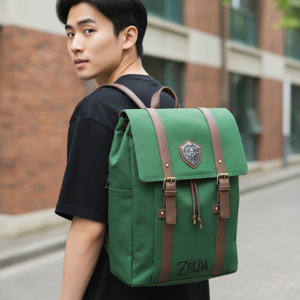 Fans Geek Store green Legend of Zelda backpack with brown faux leather straps and Hylian shield emblem on a man