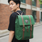 Fans Geek Store green Legend of Zelda backpack with brown faux leather straps and Hylian shield emblem on a man