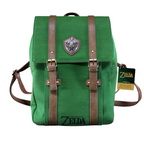 Fans Geek Store green Legend of Zelda backpack with brown faux leather straps and a metallic Hylian shield emblem.