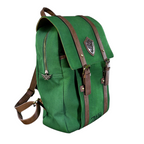 Fans Geek Store The Legend of Zelda green backpack with brown faux leather straps and Hylian crest metal emblem