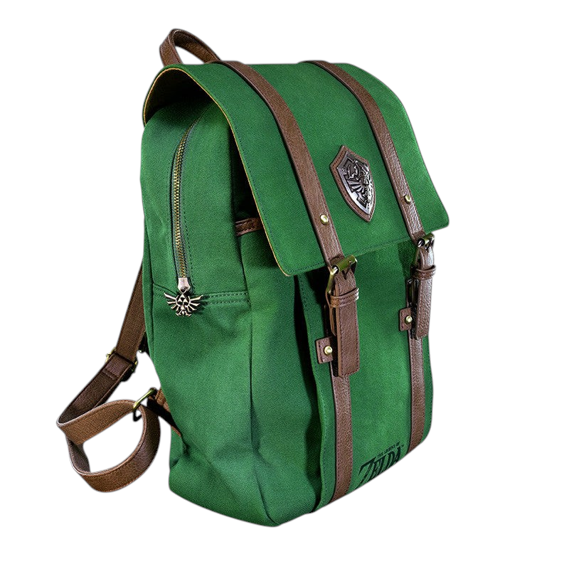 Fans Geek Store The Legend of Zelda green backpack with brown faux leather straps and Hylian crest metal emblem