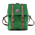 Fans Geek Store green The Legend of Zelda backpack with brown faux leather straps and a metal Hylian shield emblem.