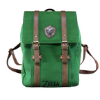 Fans Geek Store green The Legend of Zelda backpack with brown faux leather straps and a metal Hylian shield emblem.