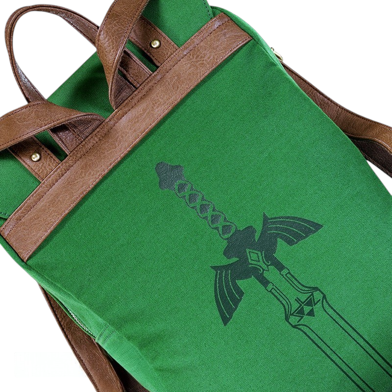 Fans Geek Store The Legend of Zelda backpack in green polyester with brown faux leather straps and Master Sword print