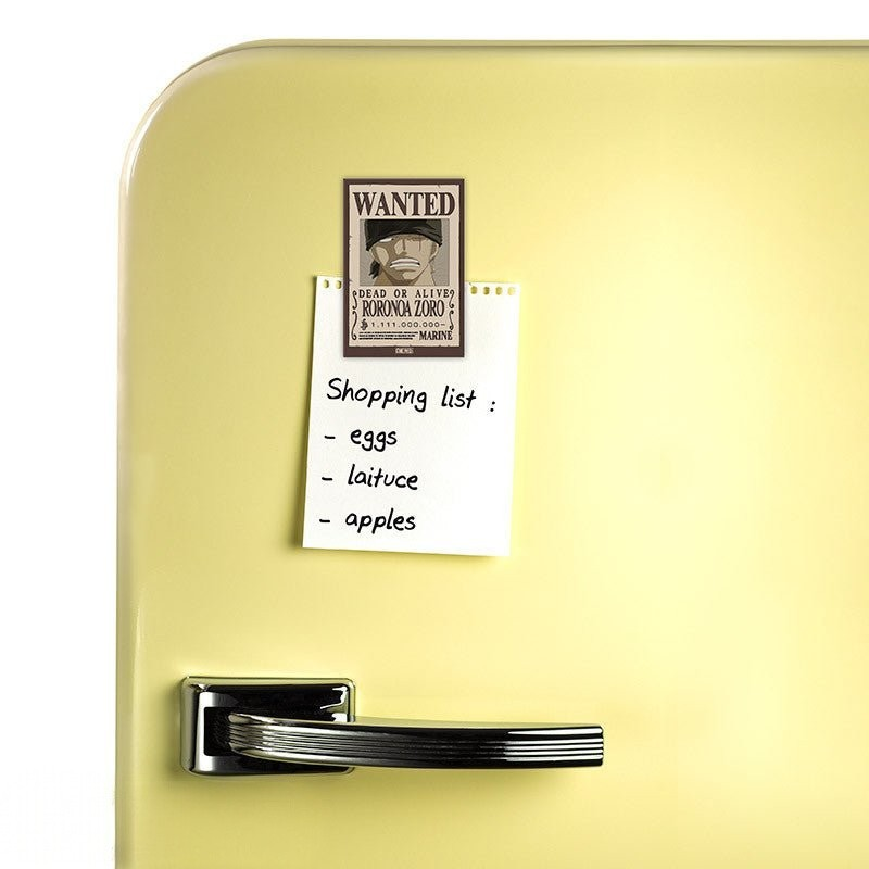 Fans Geek Store One Piece Roronoa Zoro Wanted poster magnet with matte finish attached to a yellow refrigerator