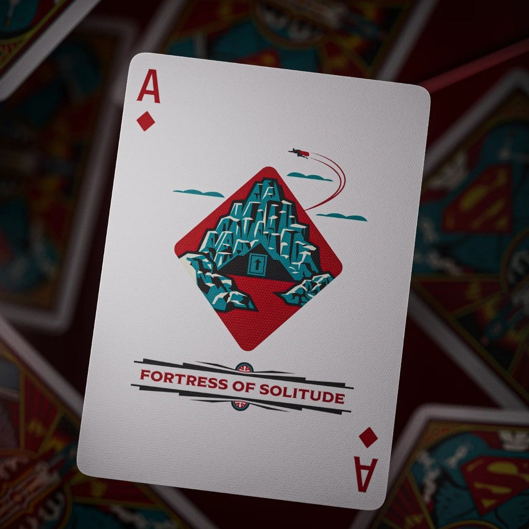 Fans Geek Store Superman Fortress of Solitude playing card, white with red diamond suit, featuring artwork of the Fortress of Solitude.