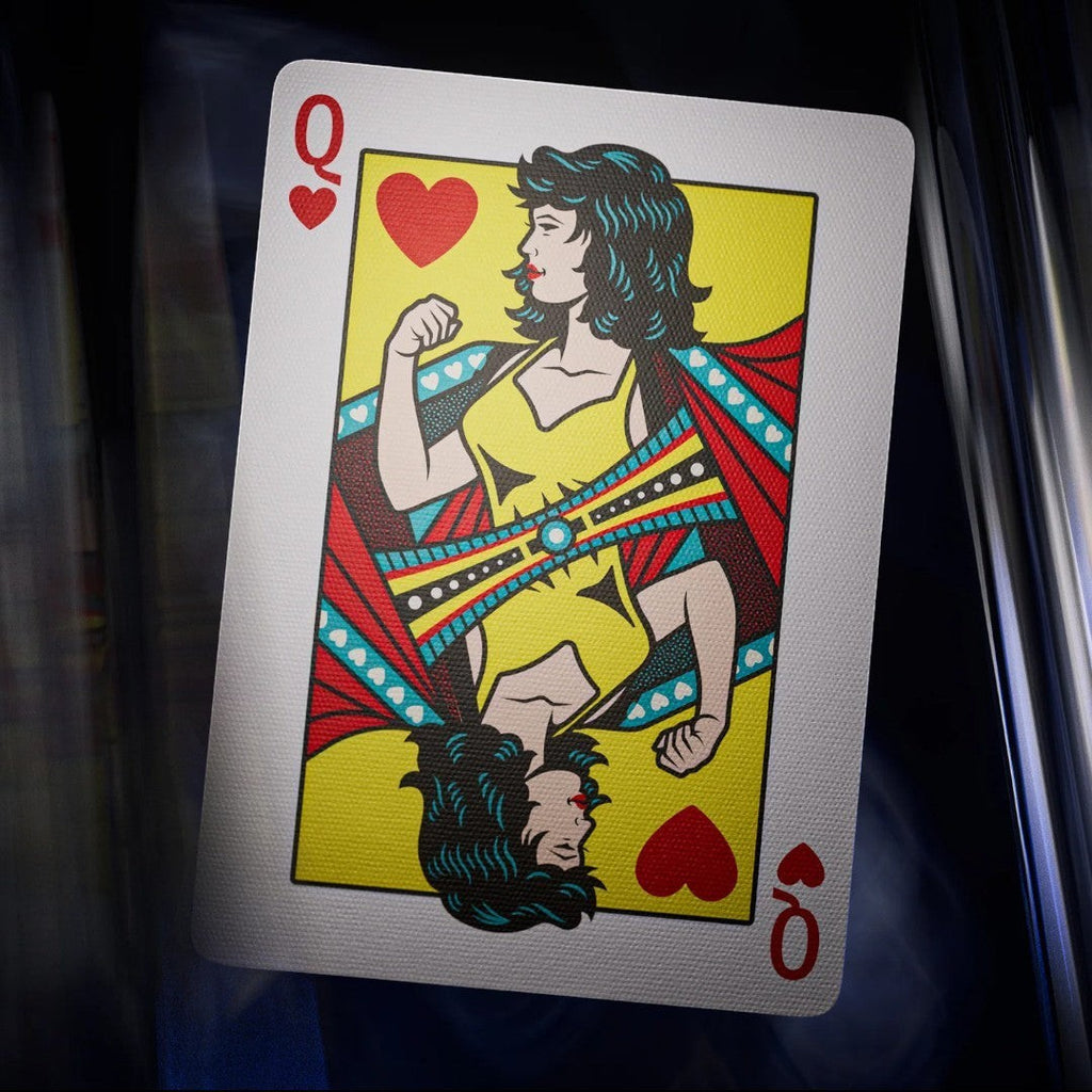Fans Geek Store DC Comics Superman Queen of Hearts playing card with yellow, red, and blue design.