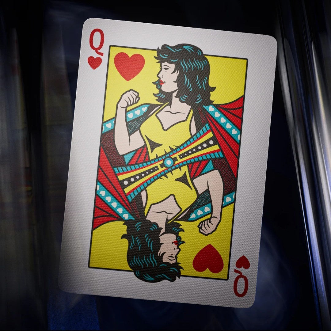Fans Geek Store DC Comics Superman Queen of Hearts playing card with yellow, red, and blue design.
