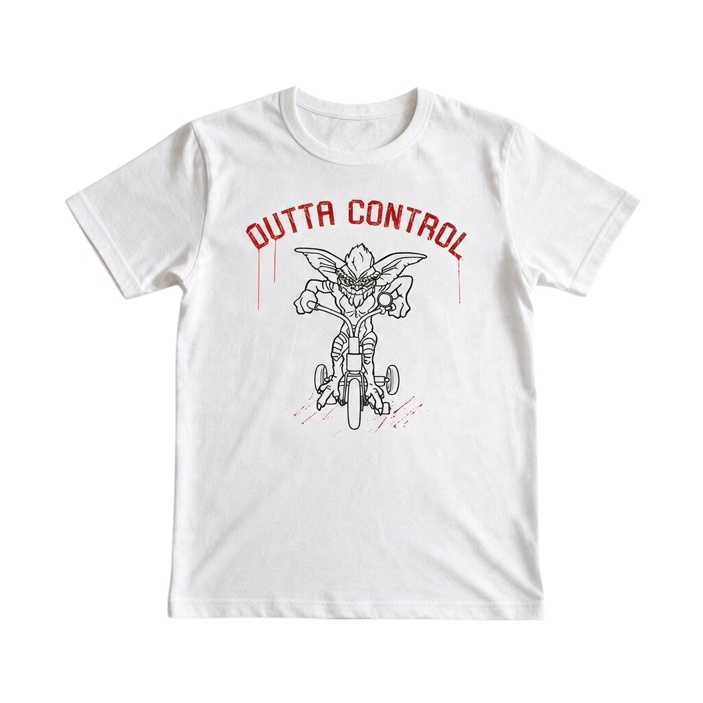 Fans Geek Store white cotton Gremlins Outta Control graphic t-shirt with short sleeves.