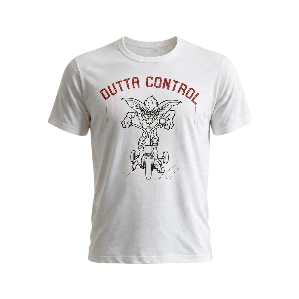 Fans Geek Store white cotton t-shirt featuring a Gremlins Outta Control graphic print on the front.