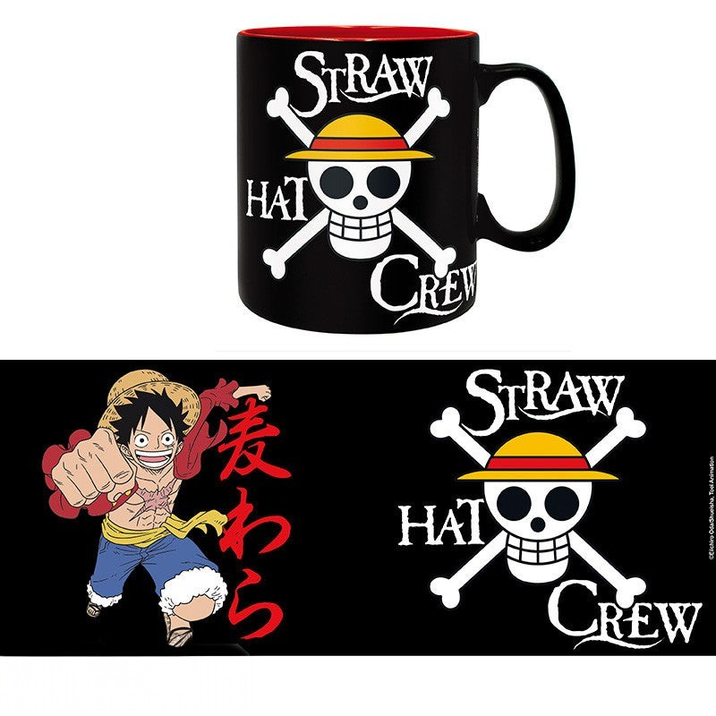 Fans Geek Store One Piece ceramic mug featuring Monkey D. Luffy and the Straw Hat Pirates skull logo in black and red