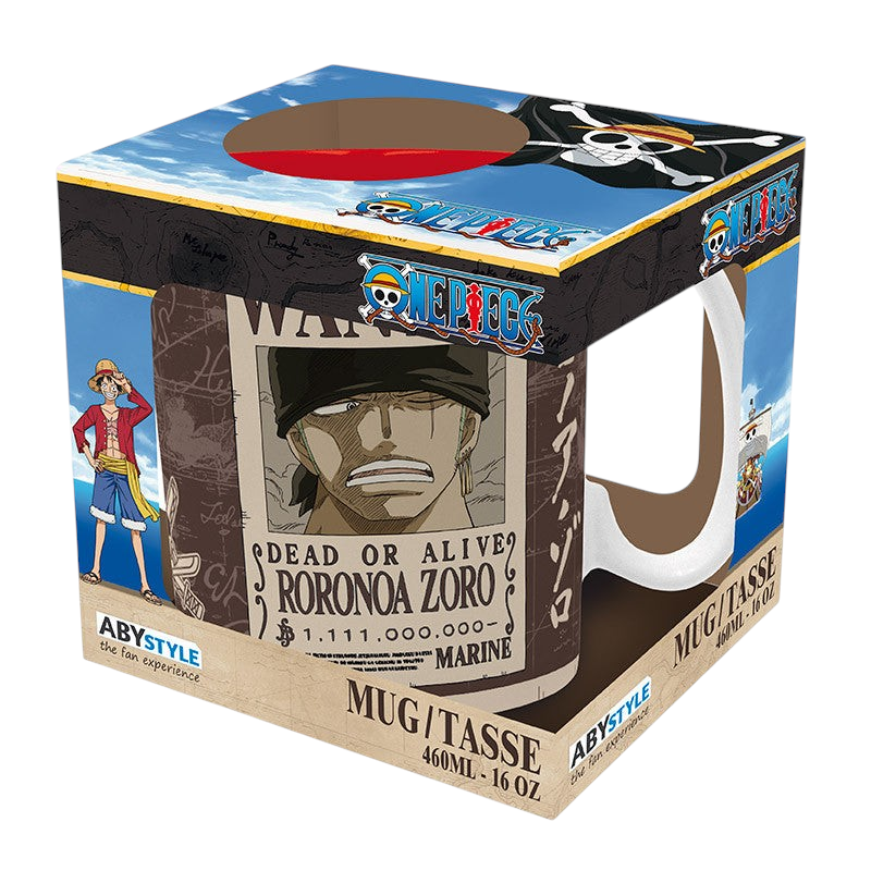 Fans Geek Store One Piece ceramic mug featuring Roronoa Zoro Wanted poster design in a branded display box