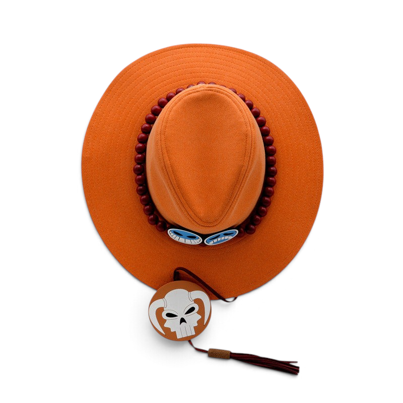 Fans Geek Store orange Portgas D. Ace cosplay hat with red bead band, skull badges, and hanging pirate emblem