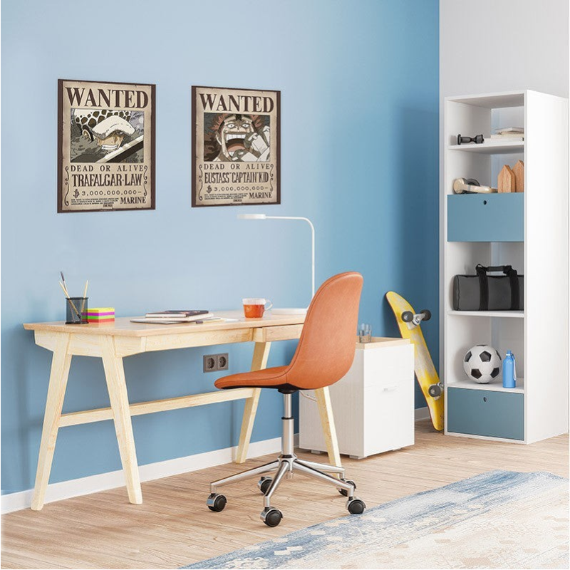 Fans Geek Store One Piece chibi Wanted posters of Trafalgar Law and Eustass Kid hanging on a blue office wall