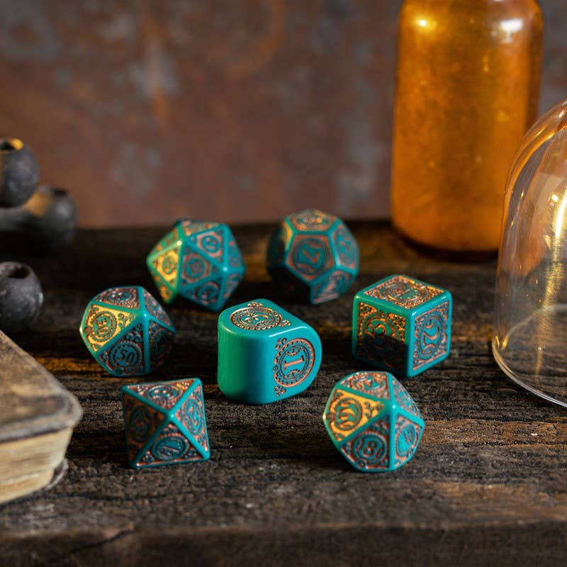 Steampunk klokwerk dobbelstenen set in turquoise en koper - Fans Geek Storeproduct_typeCardshouse