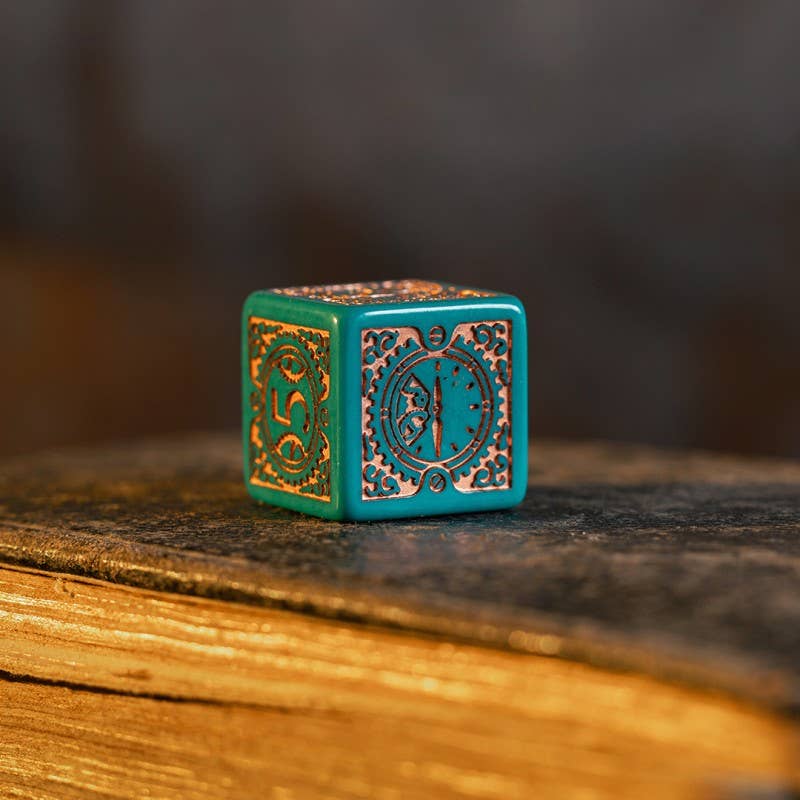 Steampunk klokwerk dobbelstenen set in turquoise en koper - Fans Geek Storeproduct_typeCardshouse