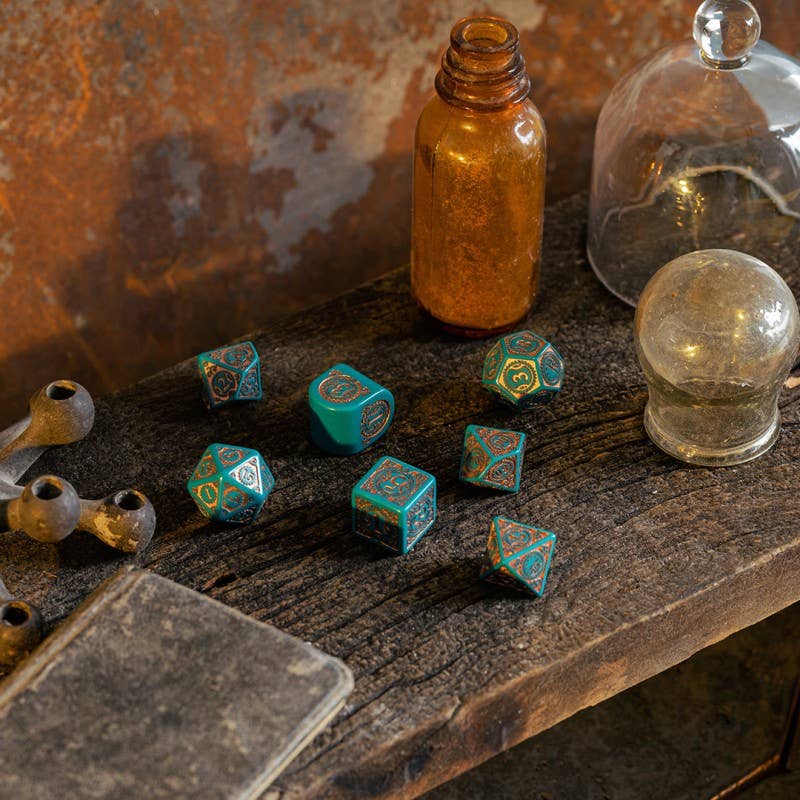 Steampunk klokwerk dobbelstenen set in turquoise en koper - Fans Geek Storeproduct_typeCardshouse