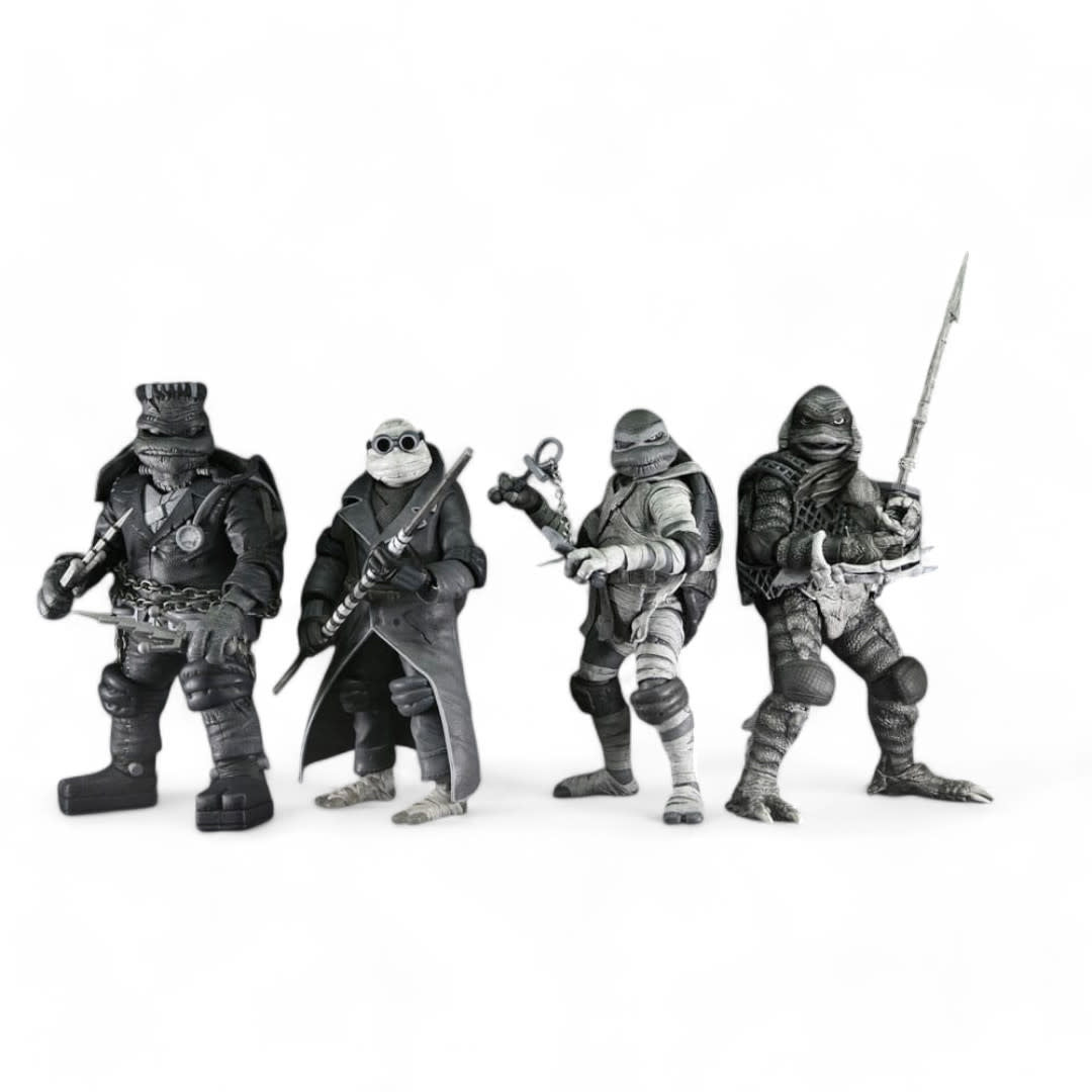 Universal Monsters x Teenage Mutant Ninja Turtles Action Figures 4 - Pack Turtles Black & White 18 cm - Fans Geek Store